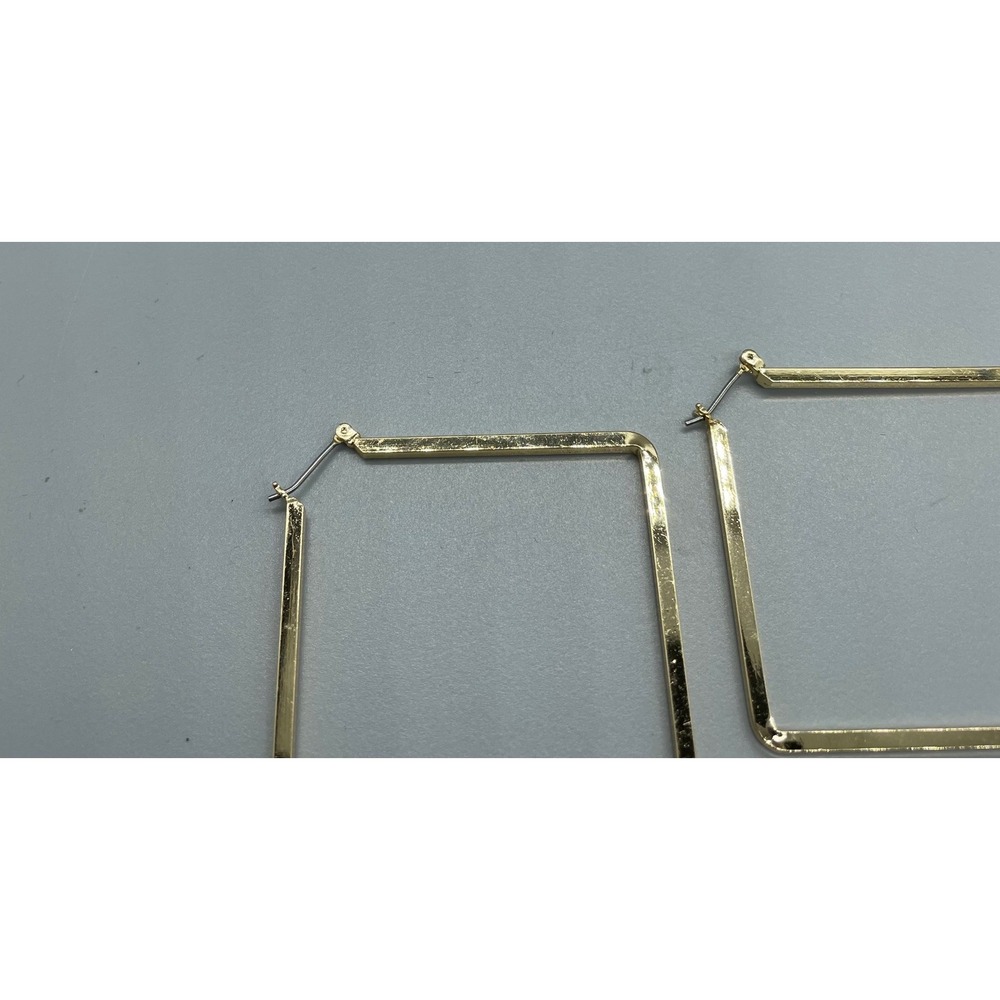 Gold Tone Geometric Square Diamond Hoop Earrings Large Flat Edge Statement - Picture 5 of 5